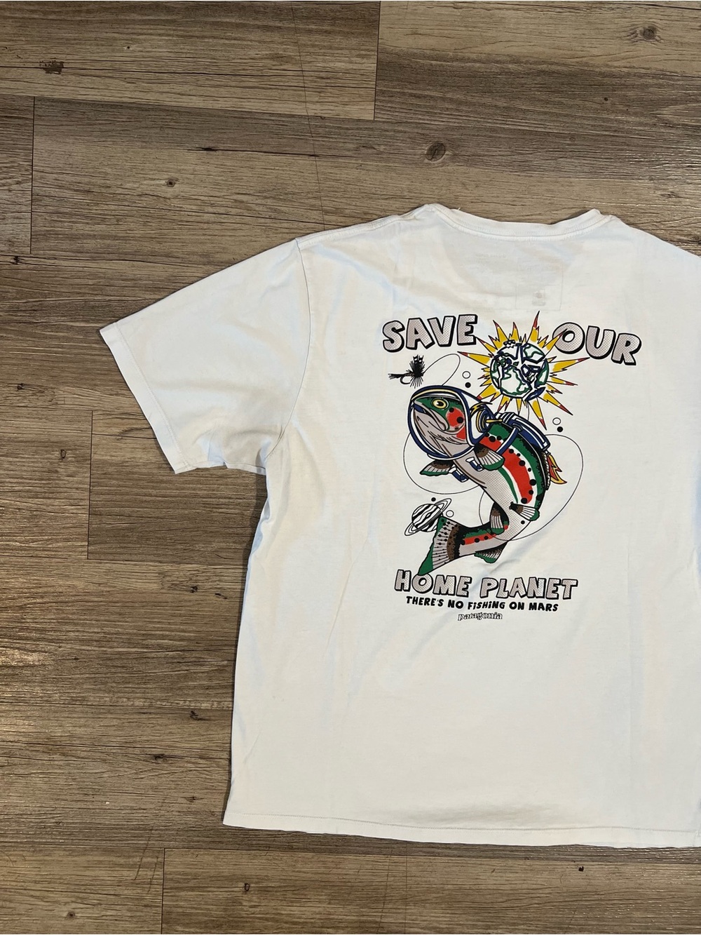 PATAGONIA Space Fly White Organic T Shirt Fly Fishing Trout Tesla Elon SpaceX Me